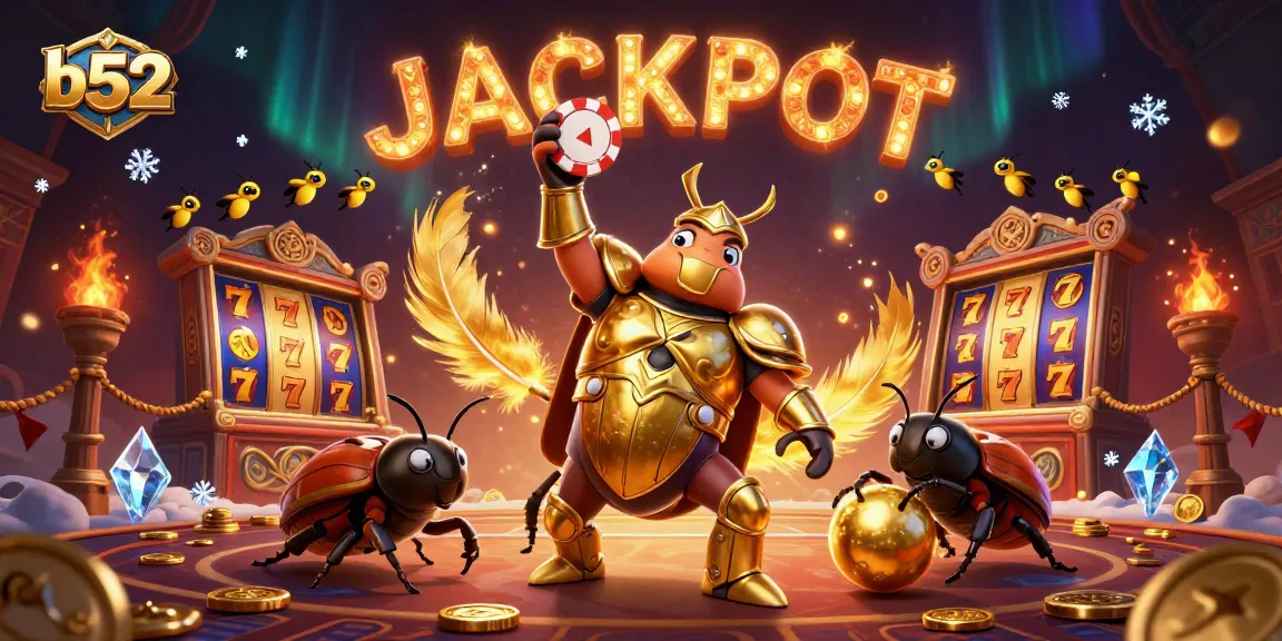 Engage with the b52 casino world, where a heroic beetle celebrates a giant poker win amidst dazzling lights.