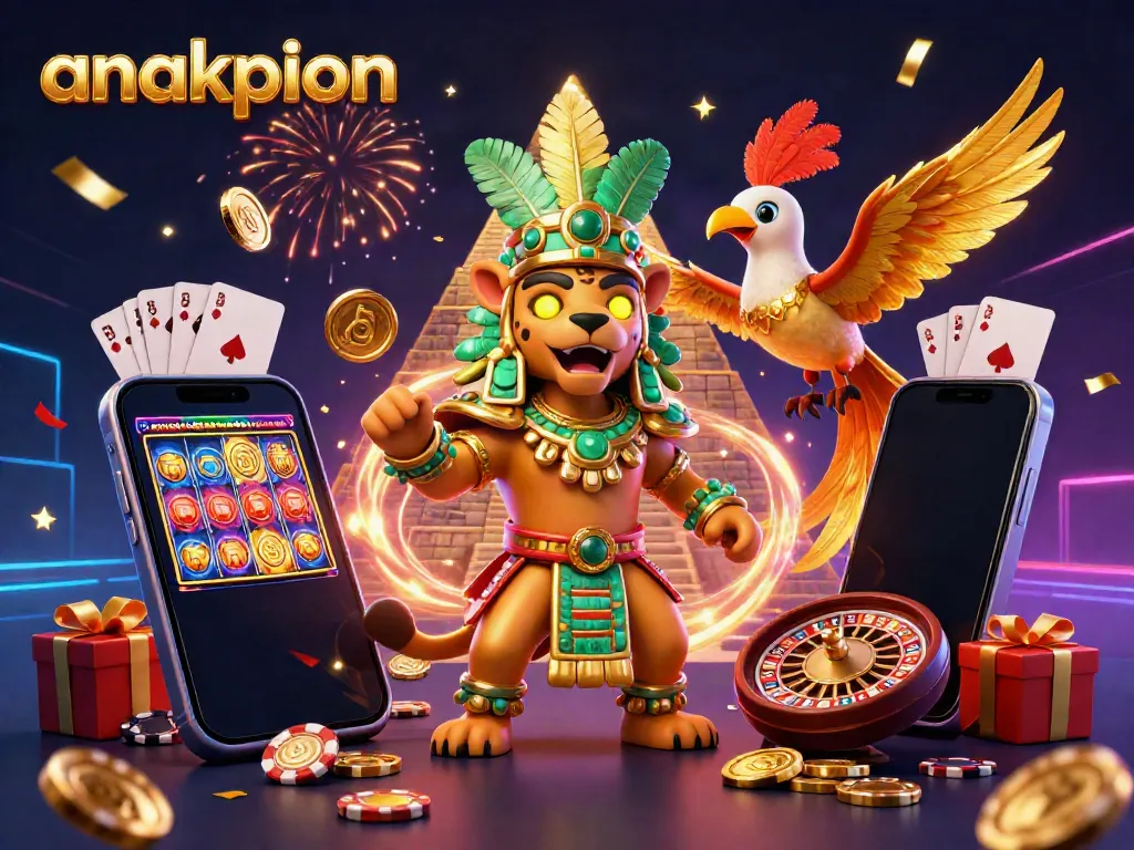Join the excitement at anakpion as the jaguar priest and quetzal bird celebrate casino wins surrounded by vibrant games.
