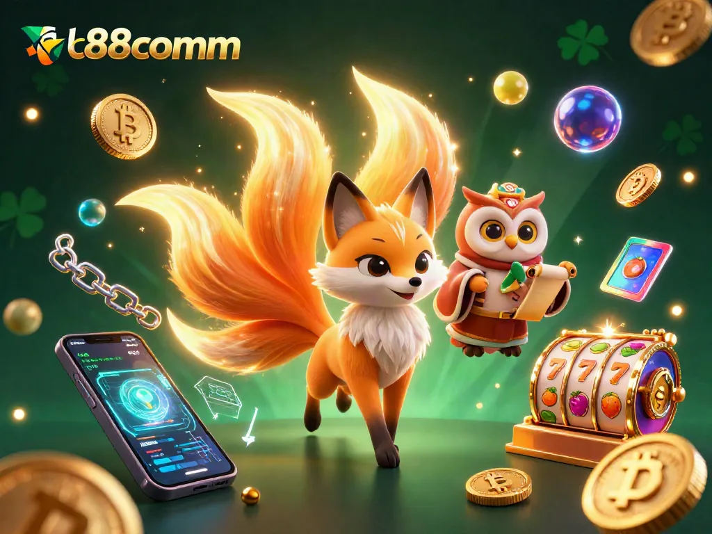 Experience thrilling gameplay action with lc88comm's vibrant casino illustration showcasing a nine-tailed fox and wise owl among slot reels.
