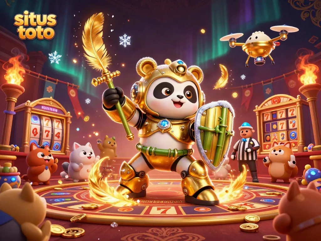 Situs toto depicts a 3D golden panda in a mech-suit battling in an energetic casino arena.