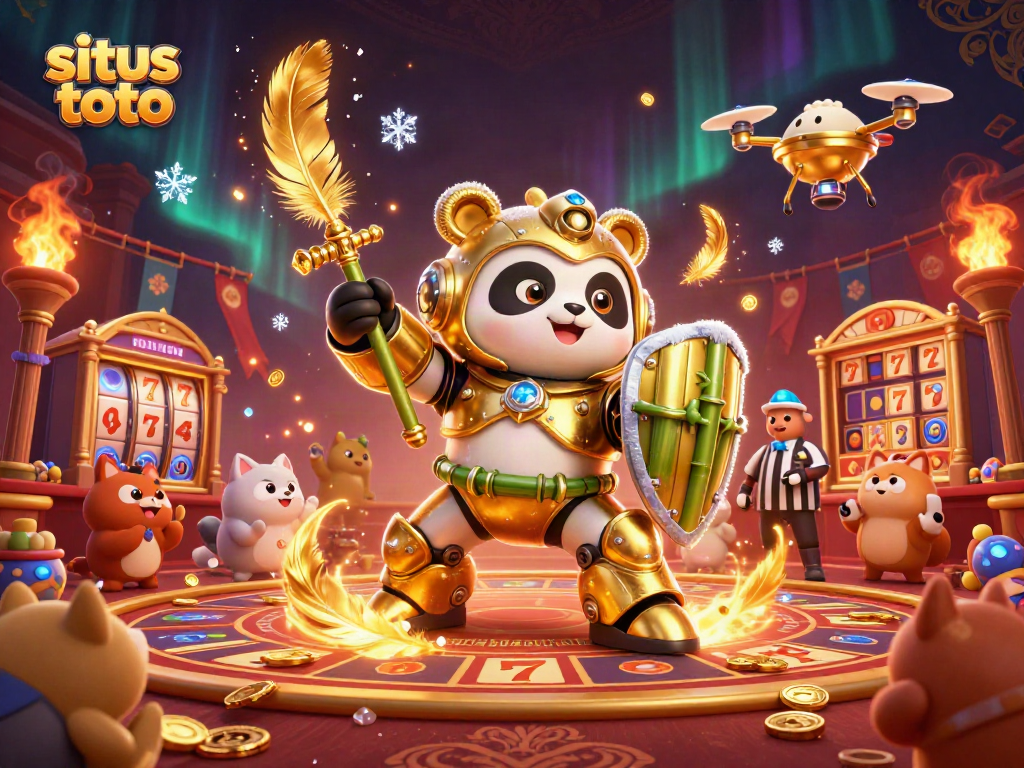 Situs toto depicts a 3D golden panda in a mech-suit battling in an energetic casino arena.
