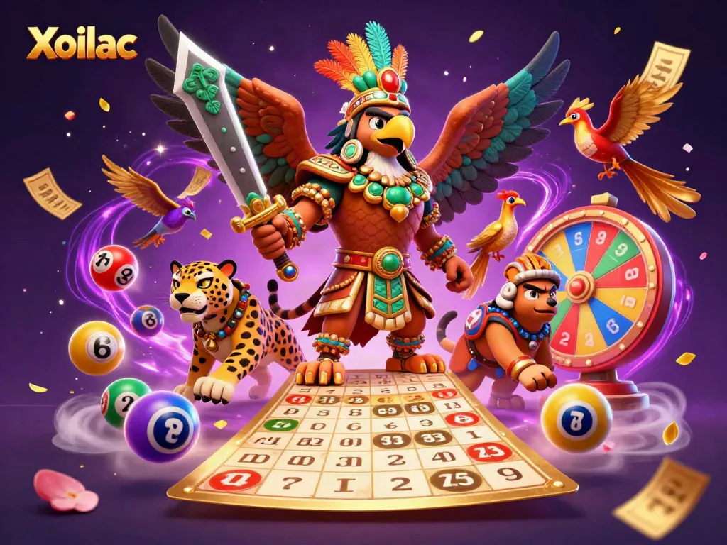Xoilac offers a dynamic 3D display of Aztec warriors amidst a vibrant gambling theme, highlighting excitement.