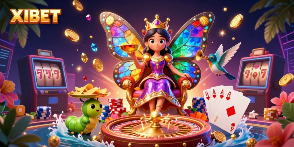 XIBET reveals a vibrant casino scene with a butterfly queen, radiant gems, and cascading coins showcasing exciting gaming action.