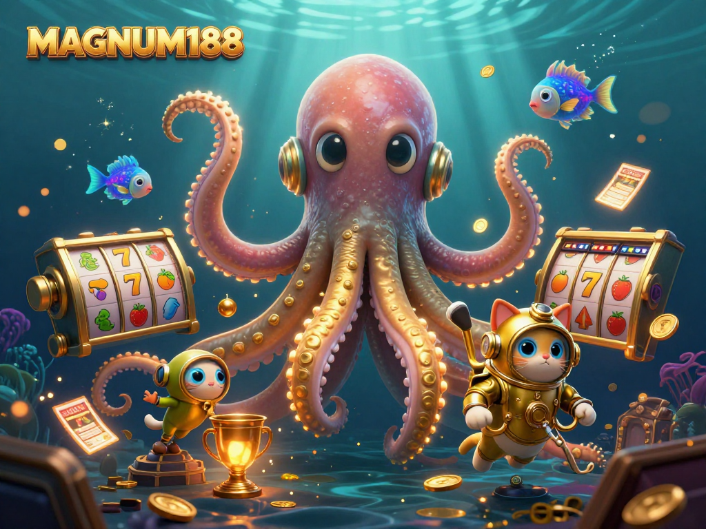 Experience thrilling slot action with MAGNUM188 as a kraken emerges amid gold and treasures.