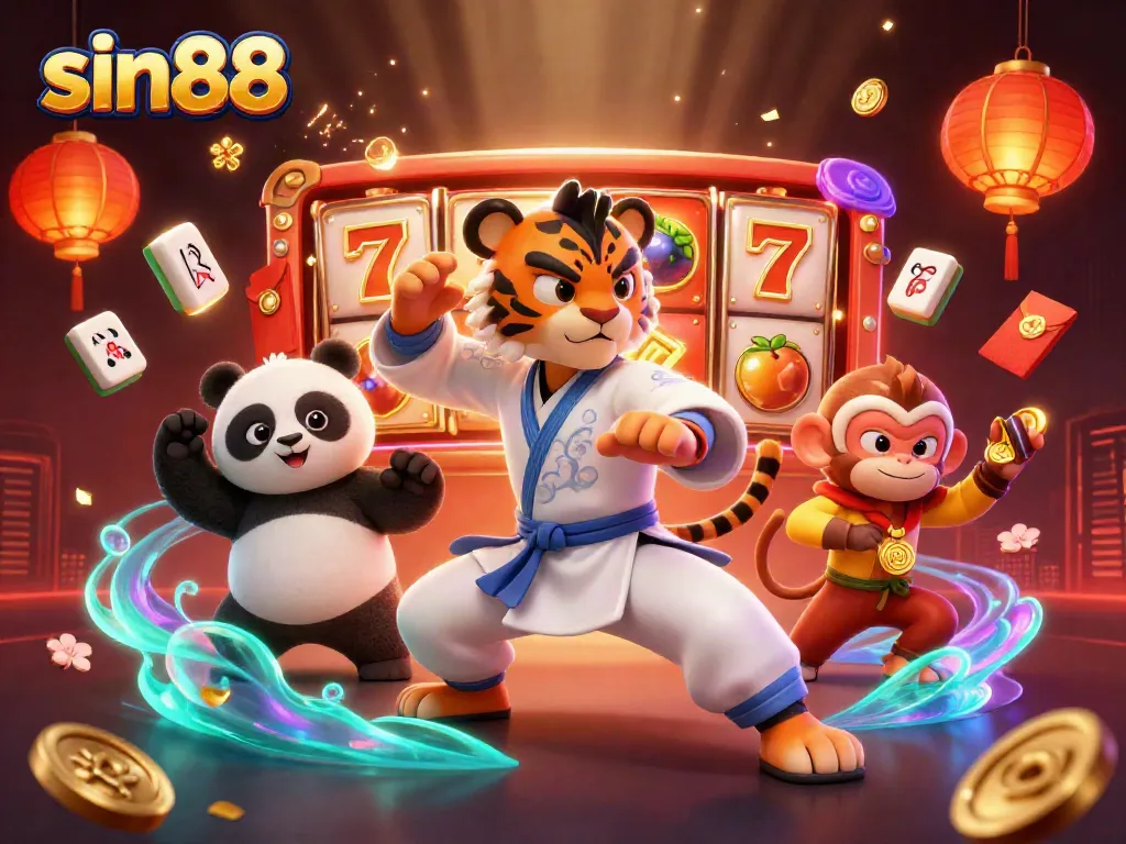Experience thrilling moments with sin88 in this vibrant 3D casino scene featuring animated characters and dynamic slot games.