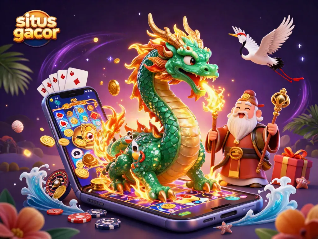 Engaging gaming scene featuring situs slot gacor with a majestic jade dragon and vibrant casino elements.