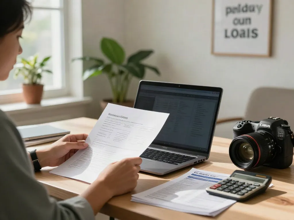 Individual assessing Calgary payday loan options at home office, focusing on financial planning with natural light.