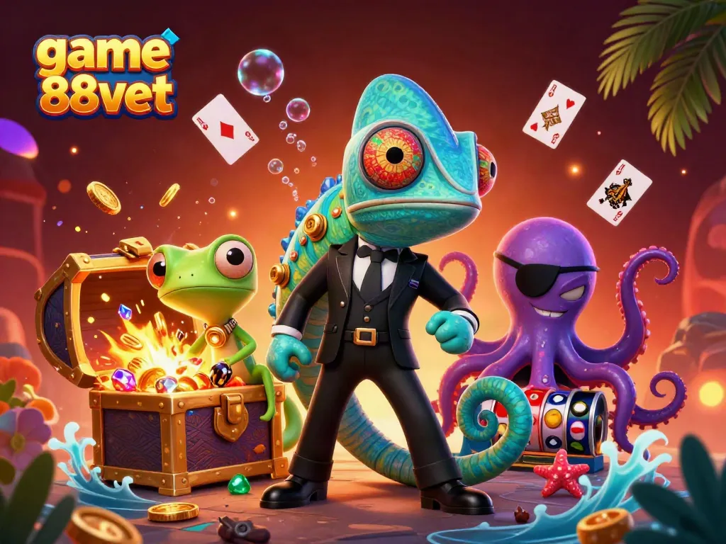 Experience thrilling game 88vbet with a unique scene of dynamic cartoon characters in a vibrant casino setting.