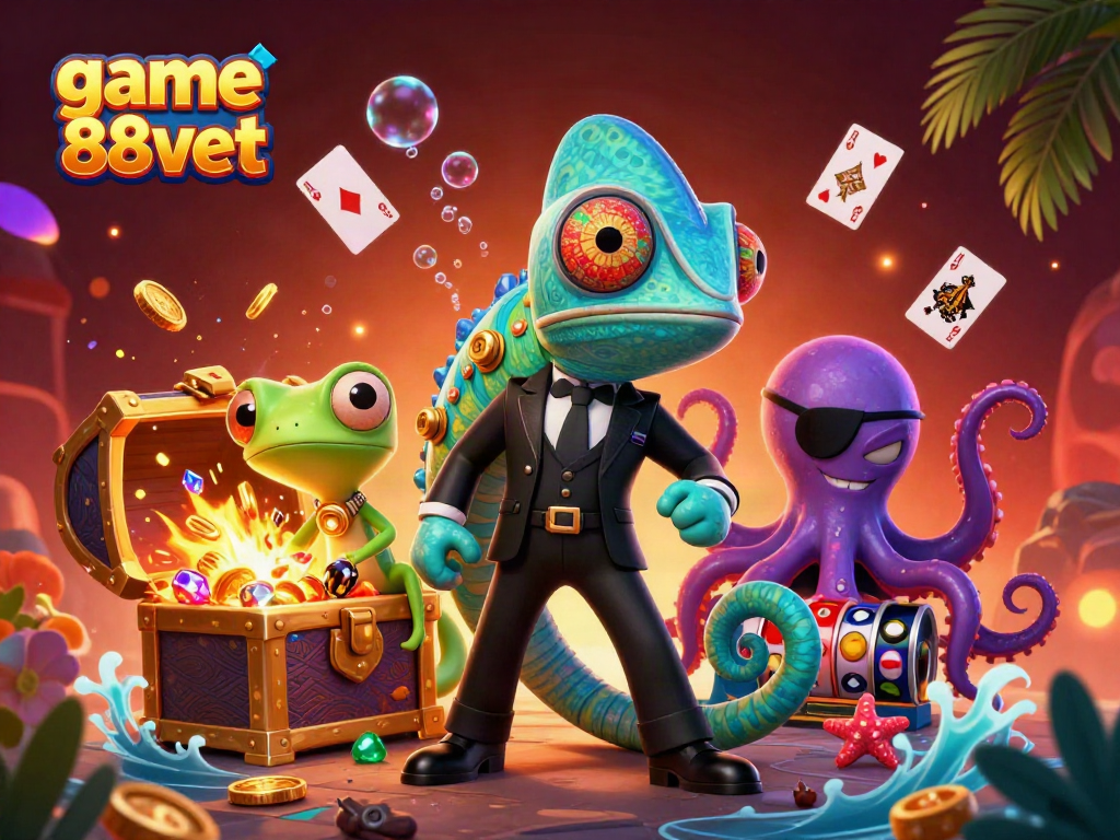 Experience thrilling game 88vbet with a unique scene of dynamic cartoon characters in a vibrant casino setting.