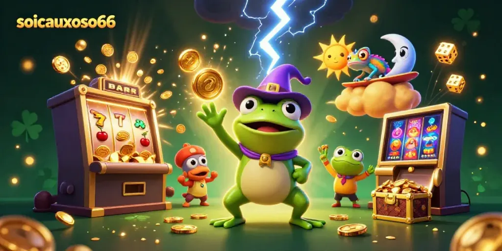 Experience the thrill of gaming with soicauxoso66 as the weather wizard frog conjures golden tokens amidst vibrant casino elements.