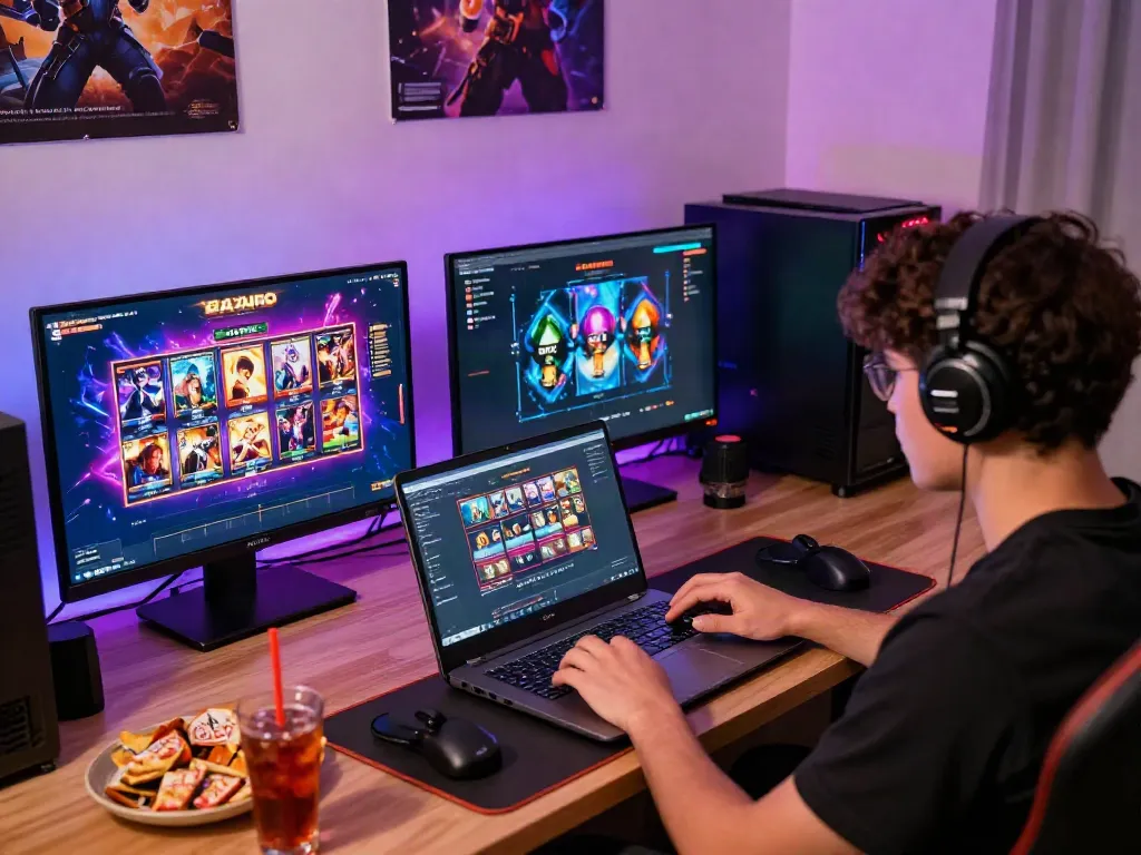 Engaged player enjoying slot gacor games online with colorful graphics and cozy setup.
