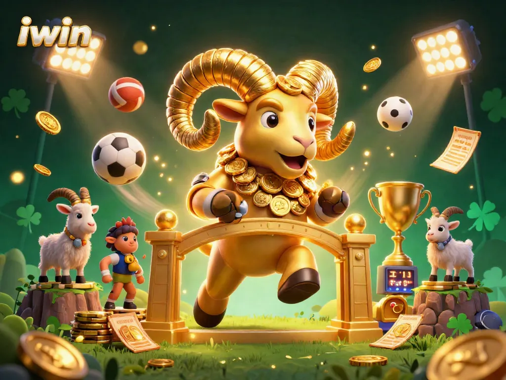 Engage with iwin's golden ram at an immersive casino scene filled with sports action and gold coins