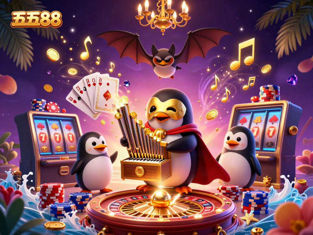 Experience the excitement with five88 as the phantom penguin plays while golden coins cascade around dynamic casino elements.