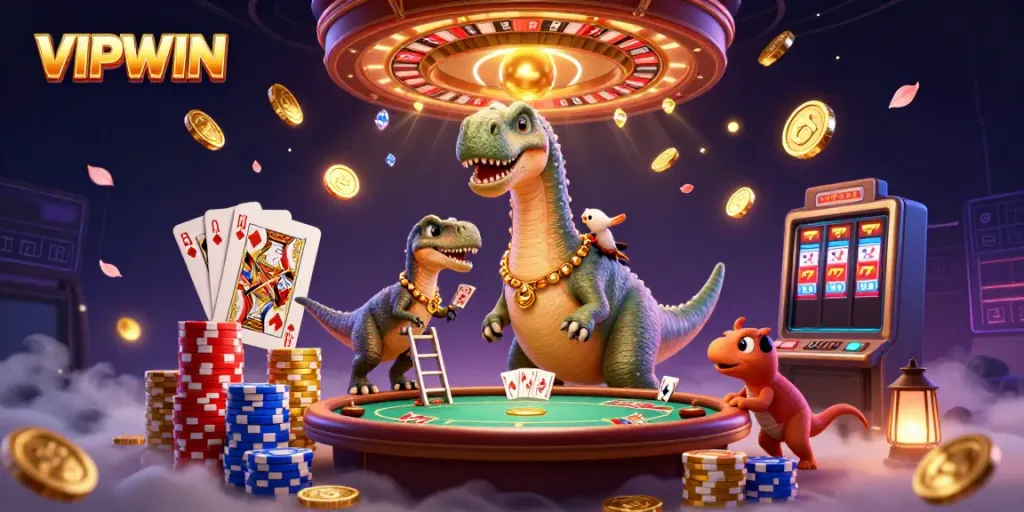 Join the fun at VIPWIN with a lively scene of a brontosaurus overseeing a poker game!