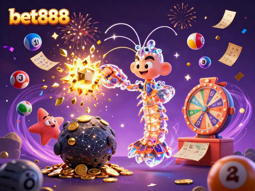 Experience the excitement of bet888 with a galactic mantis shrimp smashing asteroids among colorful lottery elements.