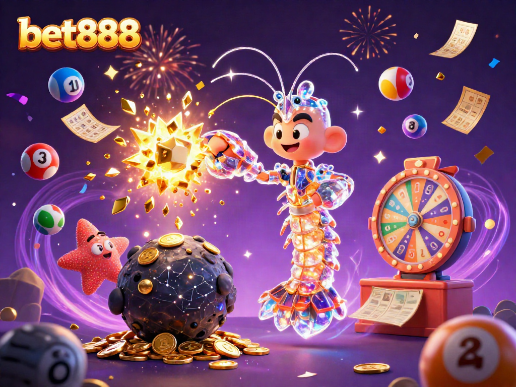 Experience the excitement of bet888 with a galactic mantis shrimp smashing asteroids among colorful lottery elements.