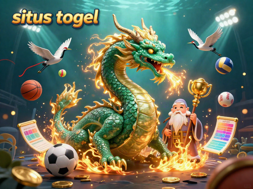 Situs togel showcases a vibrant 3D illustration with an emerald dragon and colorful sports elements.