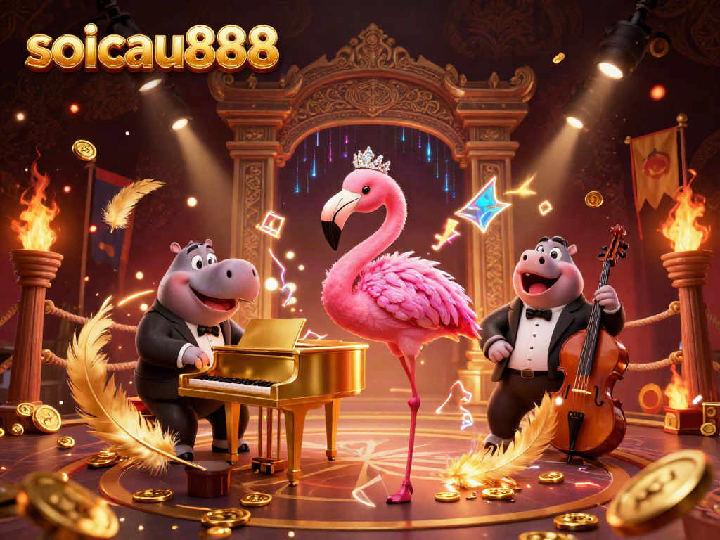 Engage with soicau888 in this vibrant casino-themed digital artwork featuring dynamic, colorful characters and elements.