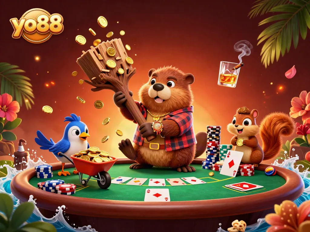 Spin and win with yo88 as a beaver collects golden coins bursting from a tree.