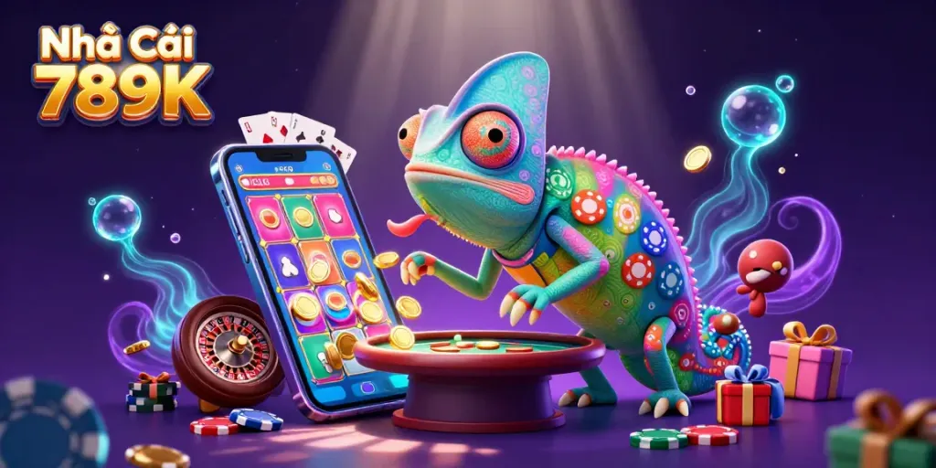 Watch the colorful scene at Nhà Cái 789K as a chameleon casino owner interacts with dynamic game elements.