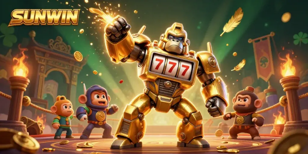 SUNWIN unleashes thrilling gaming with a golden mech gorilla in a dynamic casino scene.