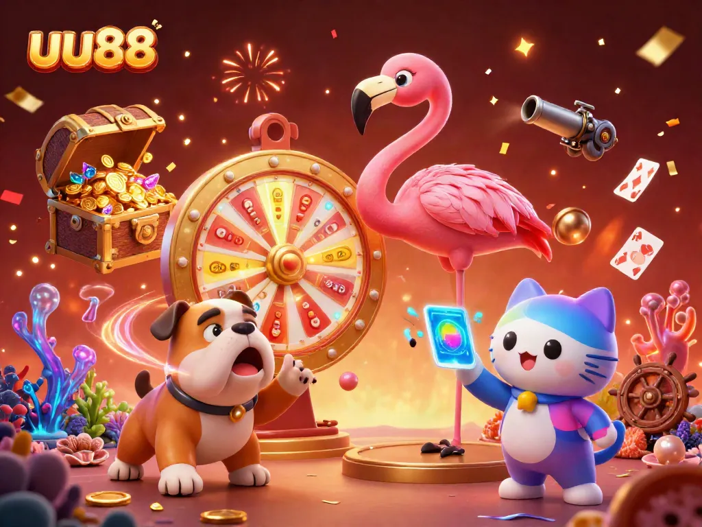 Experience the excitement at uu88 with a sparkling game show scene featuring a flamingo, bulldog, and cat assistant.