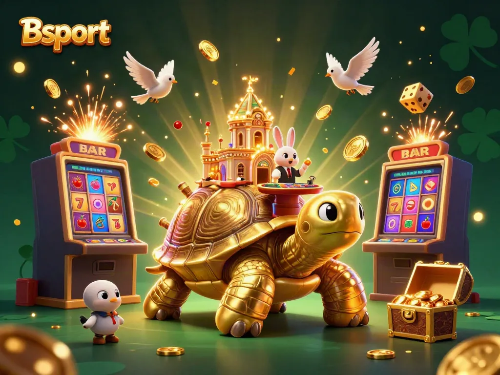 Experience Bsport with a thrilling casino scene featuring a giant tortoise and a rabbit dealer amidst a jackpot explosion.