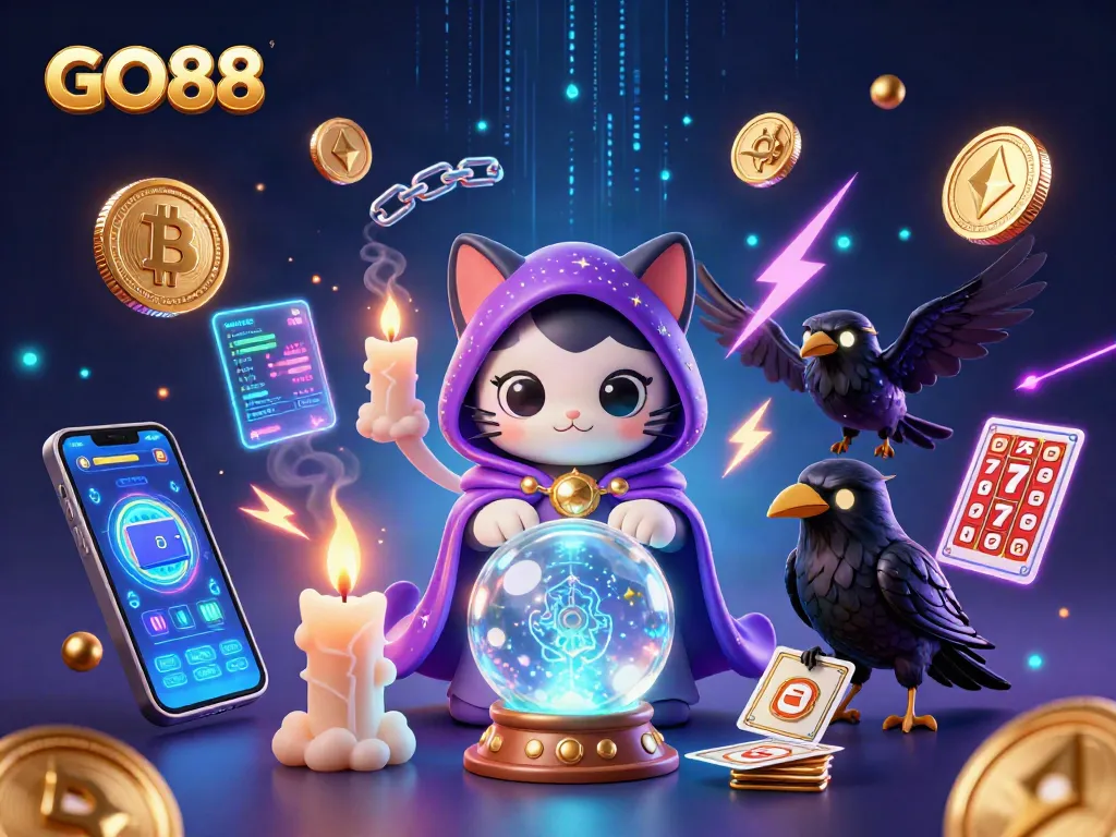 Experience exciting gaming at GO88 with vibrant slot themes and animated mystic cat characters.
