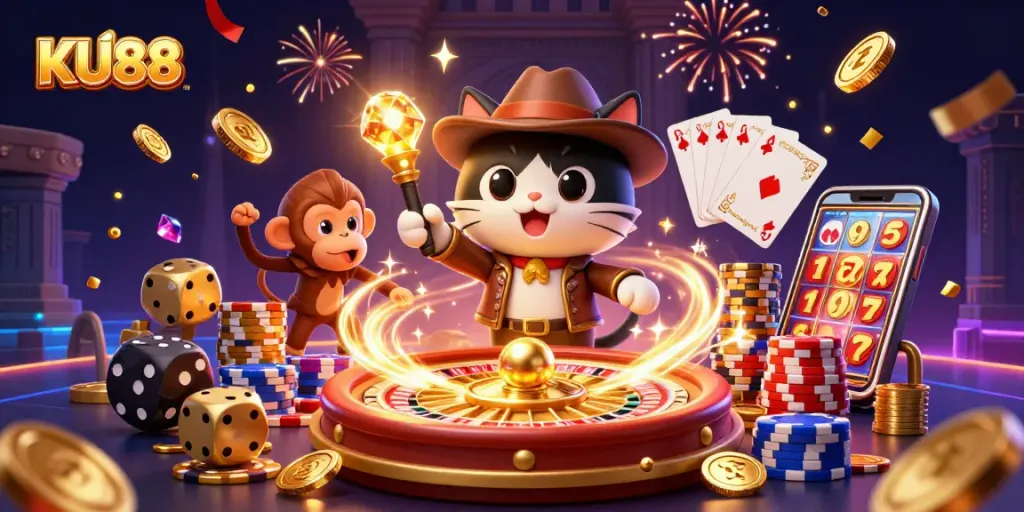 Engage with KU88 as a 3D cat explorer discovers treasures in a vibrant casino scene.
