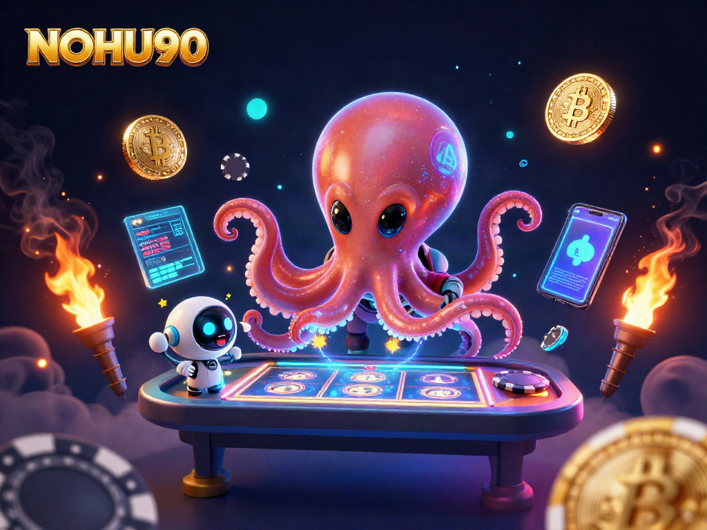 Experience jackpot thrills in NOHU90 with an alien octopus at a holographic slot table.