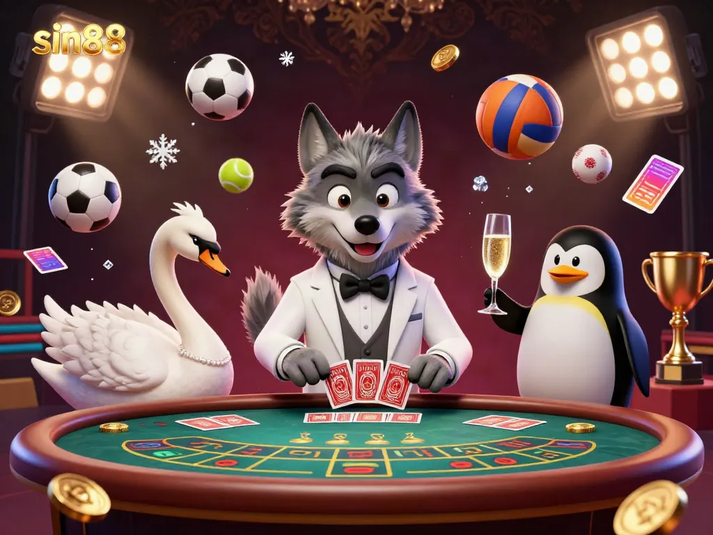 Experience the thrill of sin88 with a luxurious baccarat scene featuring a sophisticated wolf, swan, and penguin.