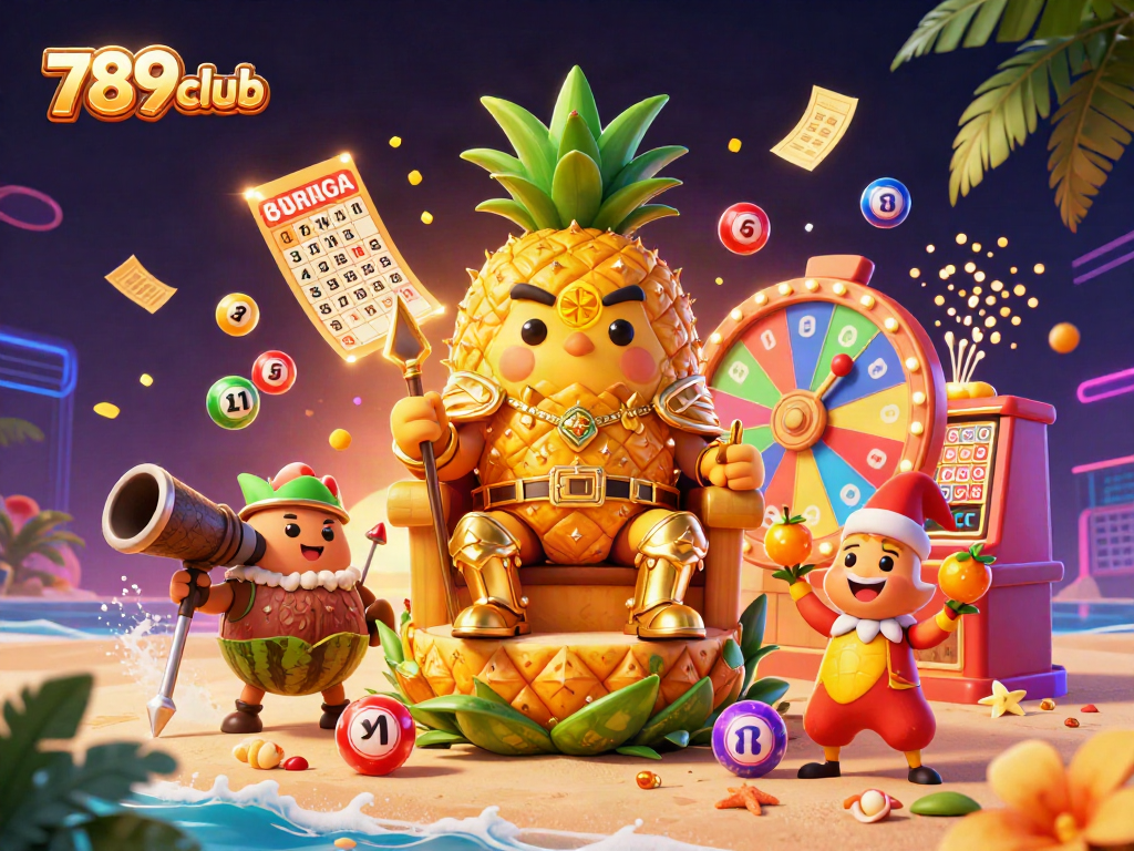 Engage with 789club's vibrant casino scene featuring a golden pineapple king and dynamic game elements.