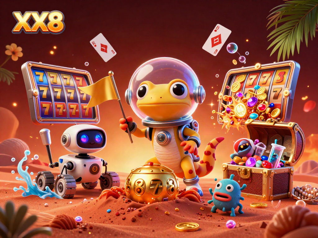 Martian gecko discovers a golden casino in red Mars sand with colorful slot elements, showcasing XX8