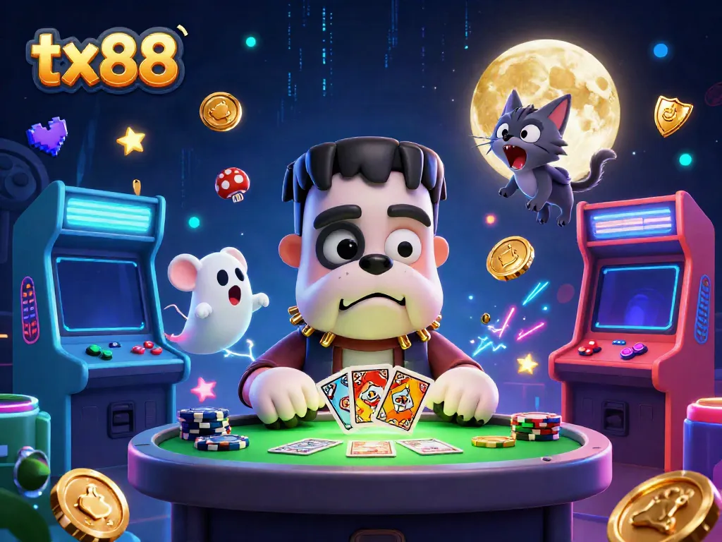 Experience thrilling gaming at tx88 with a unique 3D illustration of whimsical casino characters and vibrant elements.