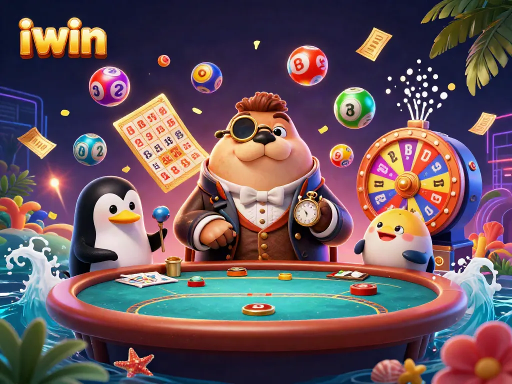 iwin cartoon walrus plays poker surrounded by colorful lottery elements, showcasing vibrant gaming scene