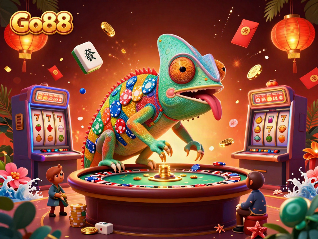 Experience Go88's vibrant casino scene filled with slot machines, chameleons, and winning moments.