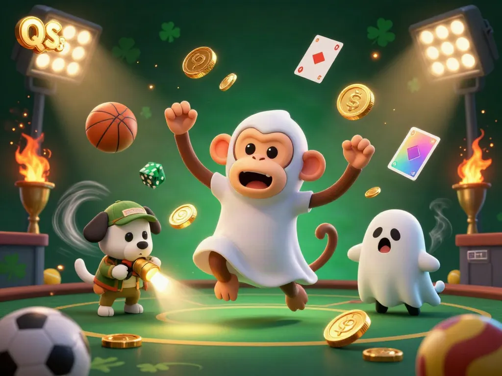 Experience QS88's thrilling atmosphere with a juggler monkey and a ghost-hunter puppy in a vibrant casino scene.