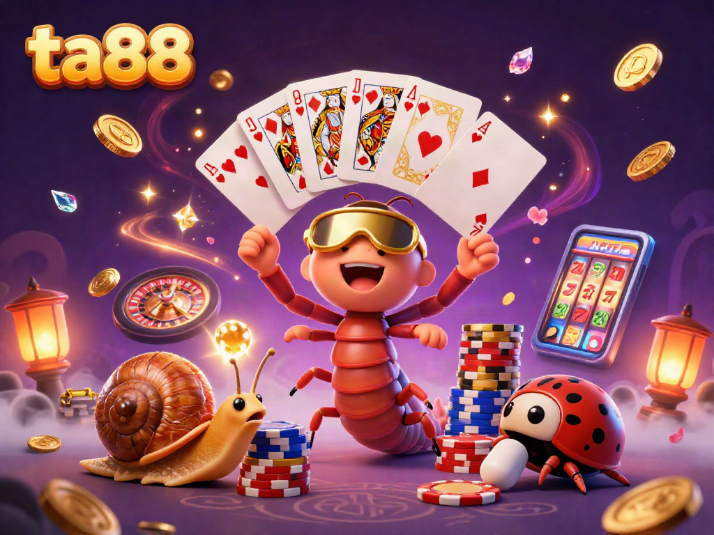 Engage with ta88 casino's vibrant scene featuring a millipede dealer, snail high-roller, and layered gameplay elements.