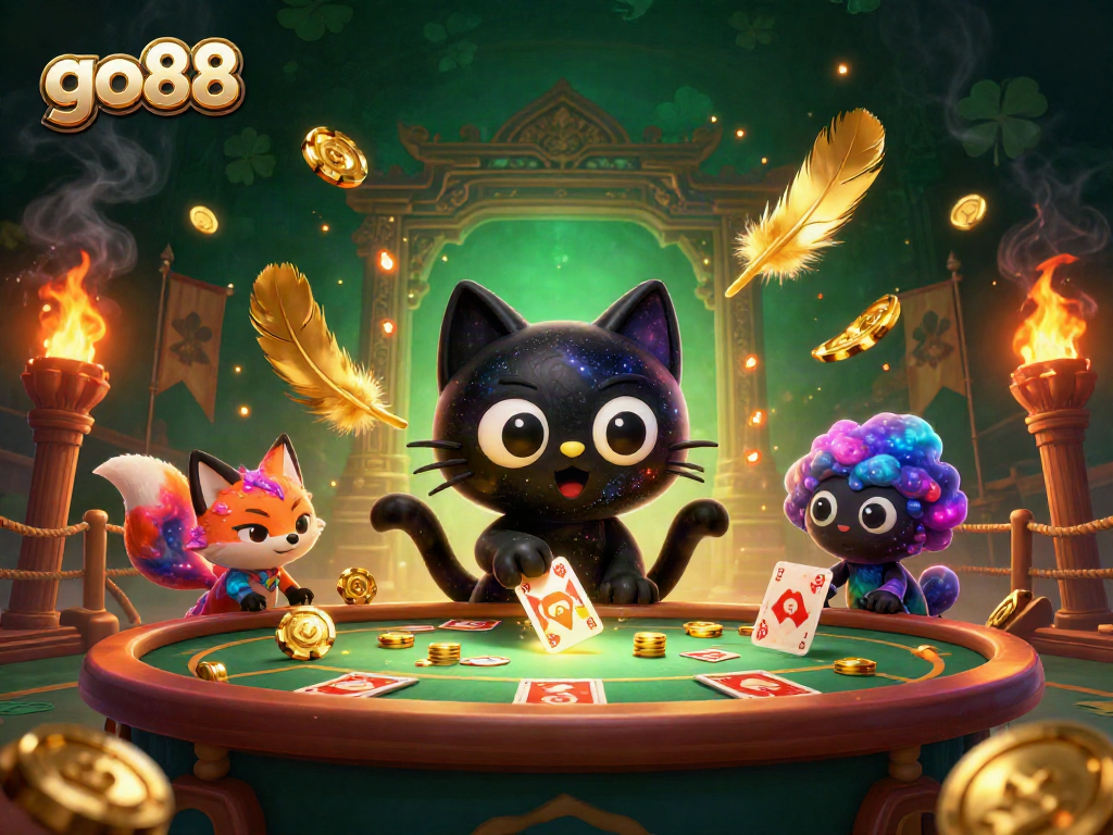 Engage with go88's cosmic casino adventures featuring a black hole cat and nebula fox.