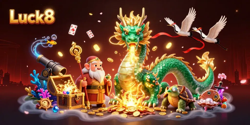 Luck8 brings excitement with a dragon breathing fire and casino treasures in thrilling gameplay.