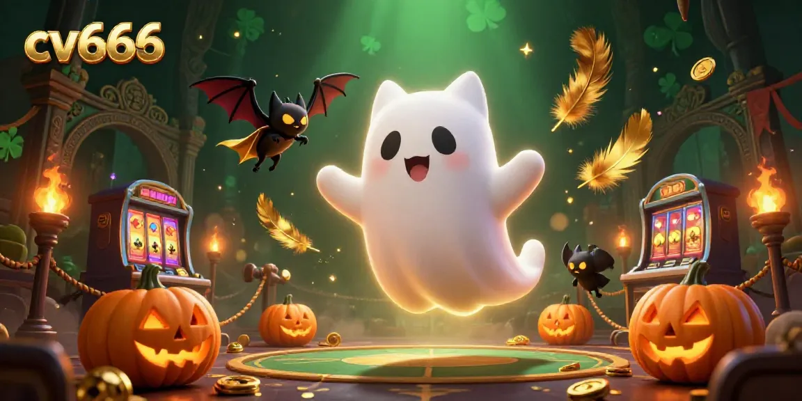 Engage in thrilling gameplay with cv666 in a haunted casino adventure featuring a ghost cat and bat.
