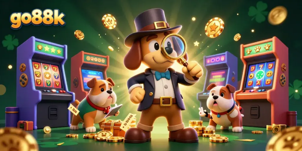 Experience go88k with an exciting 3D casino illustration featuring detectives and poker elements.