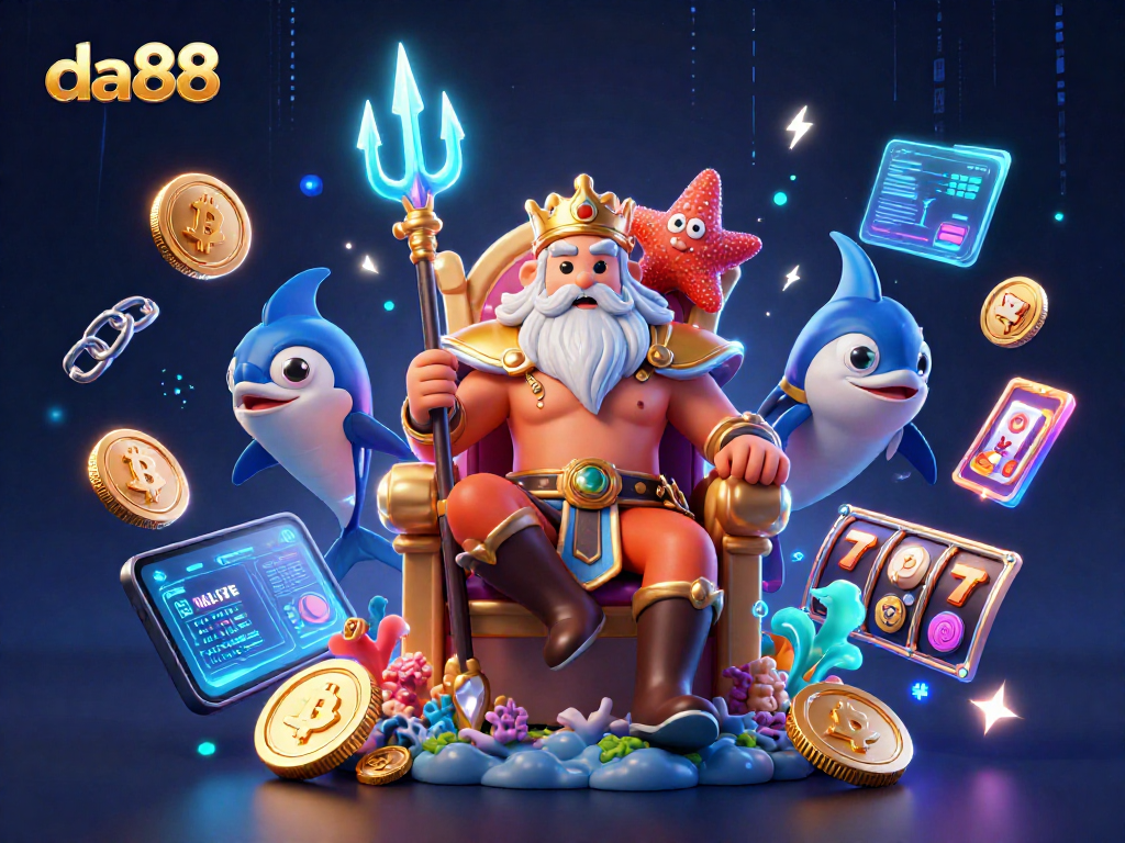 da88 showcases a vivid 3D cartoon scene of Neptune with crypto elements, enhancing online gaming excitement.