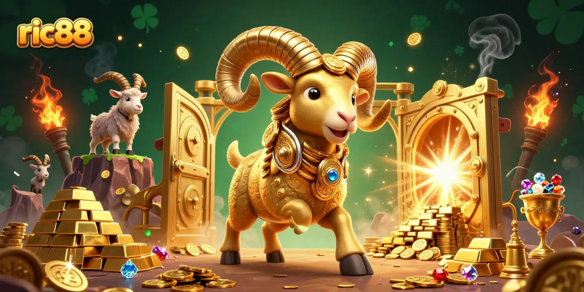 Experience the excitement of ric88 with a dynamic 3D illustration featuring a golden ram charging through a treasure vault!