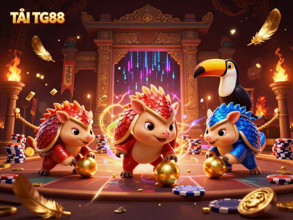 TẢI TG88 and enjoy a thrilling game scene with penguins rolling through poker chips in a vibrant, dynamic casino illustration.