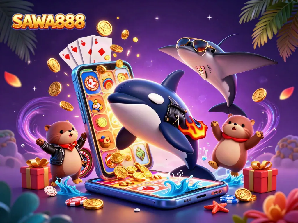 Experience SAWA888's dynamic gambling world with characters engaging in thrilling gameplay and golden treasures.