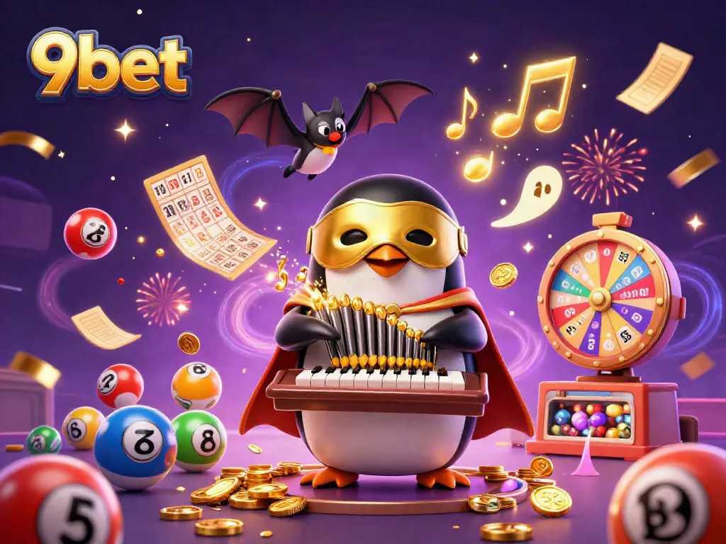 Experience the excitement of 9bet with colorful lottery elements and a festive scene.