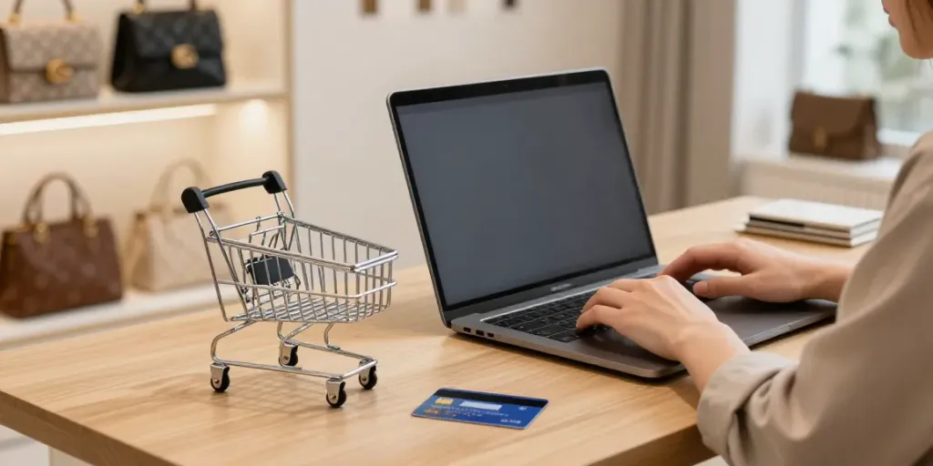 Online shopping scene showcasing premium designer Bags with a cozy atmosphere.