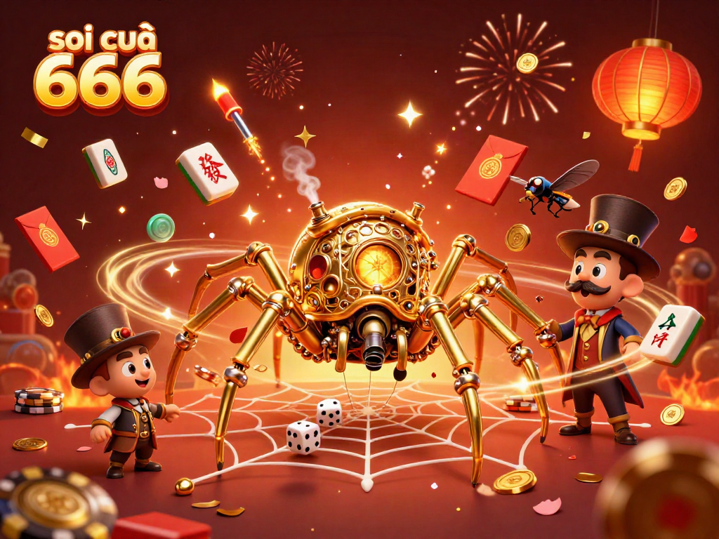Engage with soi cầu 666 strategies as a steampunk spider captures dice amidst festive casino elements.
