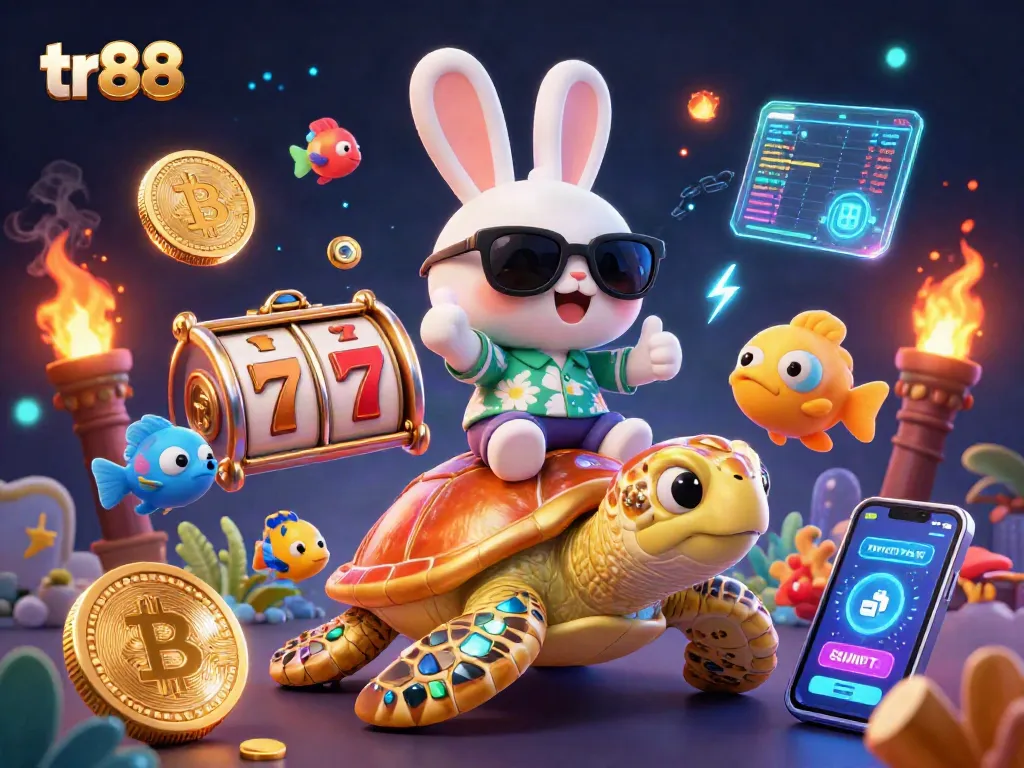 Experience the excitement of tr88 with a vibrant gaming illustration featuring a lucky rabbit and sea turtle amidst dynamic casino elements.